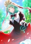  1girl bow brown_dress dress frilled_bow frilled_ribbon frilled_sleeves frills front_ponytail green_eyes green_hair hair_bow hair_ribbon highres kageharu kagiyama_hina long_hair red_bow red_dress red_ribbon ribbon short_sleeves solo touhou 