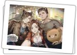  1girl 2boys animal_ears animal_hands bear_boy bear_ears bear_girl brother_and_sister brown_hair brown_jacket cat_boy cat_ears cat_paws chris_redfield claire_redfield collared_shirt e_(h798602056) facial_hair grey_shirt highres holding holding_stuffed_toy jacket large_pectorals leon_s._kennedy long_hair multiple_boys muscular muscular_male open_clothes open_jacket pectorals ponytail red_jacket resident_evil resident_evil_2 resident_evil_2_(remake) shirt short_hair siblings smile stuffed_animal stuffed_toy teddy_bear white_shirt 