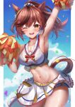  1girl ;d absurdres alternate_costume alternate_hairstyle animal_ears arm_up armpits blue_sky blush breasts brown_eyes brown_hair cheerleader cleavage collarbone confetti groin highres horse_ears horse_tail looking_at_viewer medium_breasts midriff navel nice_nature_(run&amp;win)_(umamusume) nice_nature_(umamusume) one_eye_closed open_mouth pom_pom_(cheerleading) roar_yell!_tracen_academy_cheerleading_squad_(umamusume) skirt sky smile solo steaming_body sweat tail umamusume waity_awa 