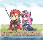  1boy 1girl chibi diamant_(fire_emblem) dress fascinator fire_emblem fire_emblem_engage fishing fishing_rod flower hrtiki ivy ivy_(fire_emblem) purple_eyes purple_hair red_eyes red_hair rose 