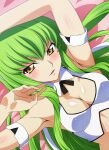  1girl absurdres armpits bangs blush breasts c.c. cleavage cleavage_cutout clothing_cutout code_geass commentary green_hair highres long_hair looking_at_viewer lying medium_breasts on_back parted_lips shou937 solo yellow_eyes 