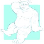  2023 anthro belly blush disney genitals goujuyu hi_res kemono male monster monsters_inc overweight overweight_male penis pixar simple_background sitting solo sulley 