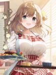  1girl :d apron blurry blurry_background blush bowl breasts brown_hair collarbone cup food green_eyes hair_ornament highres holding holding_bowl holding_plate holding_tray indoors kimishima_ao large_breasts looking_at_viewer medium_hair original plaid plaid_apron plate rice saucer short_sleeves smile solo solo_focus steam tea teacup tray waistband 
