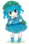  1girl backpack bag blue_eyes blue_footwear blue_hair blue_shirt blue_skirt boots closed_mouth collared_shirt commentary_request flat_cap full_body green_headwear hair_bobbles hair_ornament hat highres kawashiro_nitori long_sleeves medium_hair rei_(tonbo0430) revision shirt simple_background skirt smile solo standing touhou two_side_up white_background 