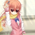  1girl arm_at_side blue_bow blue_scrunchie blurry blurry_background bow breasts closed_mouth commentary_request crossed_bangs day frown hair_between_eyes hair_ornament hair_scrunchie hand_up heart heart-shaped_eyewear inaba_meguru indoors jacket long_hair meme one_side_up orange_hair pink_jacket salt_bae_(meme) sanoba_witch scarf school_uniform scrunchie serious sleeves_past_wrists small_breasts solo sunglasses tokisakijp twitter_username upper_body wavy_hair white_sleeves yellow_scarf 