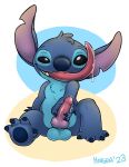  alien anthro bodily_fluids cum disney genital_fluids genitals horsen knot lilo_and_stitch looking_at_viewer male nude penis saliva sitting solo stitch_(lilo_and_stitch) tongue 