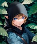  1boy blue_eyes blue_tunic highres hood hood_up leaf light_brown_hair link looking_at_viewer nature open_mouth pointy_ears solo the_legend_of_zelda the_legend_of_zelda:_breath_of_the_wild tsarev_d water_drop 