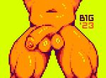  ambiguous_species anthro b1g balls big_balls big_latissimus_dorsi big_penis bright_colors close-up digital_media_(artwork) foreskin genitals glistening glistening_balls glistening_body glistening_genitalia glistening_penis half-erect latissimus_dorsi male muscular muscular_male muscular_thighs navel orange_body penis pixel_(artwork) restricted_palette simple_background slightly_chubby solo stocky thick_penis thick_thighs 