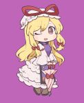  1girl ;d blonde_hair bow chibi citrus_(place) full_body hair_ribbon hat hat_ribbon long_hair long_sleeves mob_cap one_eye_closed open_mouth purple_background purple_tabard red_bow red_ribbon ribbon simple_background smile solo tabard touhou tress_ribbon umbrella very_long_hair wide_sleeves yakumo_yukari 