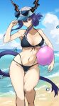  1girl adjusting_clothes adjusting_headwear arknights ass_visible_through_thighs ball baseball_cap beach beachball bikini black_bikini breasts ch&#039;en_(arknights) ch&#039;en_the_holungday_(arknights) cloud cloudy_sky collarbone commentary_request day dragon_girl dragon_horns dragon_tail eyewear_on_head feet_out_of_frame folded_ponytail front-tie_top hat highres horns horns_through_headwear large_breasts long_hair looking_at_viewer multi-strapped_bikini mutumijoruri navel ocean open_mouth outdoors purple_hair red_eyes sky smile solo standing stomach sunglasses swimsuit tail teeth underboob 
