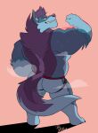  anthro bicep_curl biceps big_butt blainwolf blue_body blue_fur butt canid canine canis clothed clothing fur hair hi_res jockstrap jockstrap_only looking_at_viewer looking_back male mammal musclegut muscular muscular_anthro muscular_male presenting presenting_hindquarters purple_hair simple_background smile smiling_at_viewer smirk smirking_at_viewer solo steam teeth topless underwear underwear_only wolf yukon 