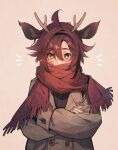  1boy animal_ears brown_jacket crossed_arms dark_red_hair deer_ears genshin_impact green_eyes hair_between_eyes highres horns jacket looking_at_viewer male_focus multicolored_hair nekojinnyart red_hair red_scarf scarf shikanoin_heizou short_hair streaked_hair 