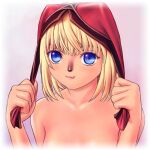  1girl :3 animal_nose archived_source avatar_(ff11) blonde_hair blue_eyes blue_pupils closed_mouth collarbone crossed_bangs fang fang_out final_fantasy final_fantasy_xi hat headwear_pull jester_cap lips looking_at_viewer mithra_(ff11) nude pink_lips pulled_by_self red_headwear ringed_eyes short_hair smile solo taisai_soft upper_body 
