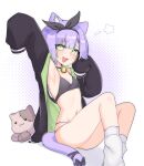  1girl absurdres animal_ears bell black_bra black_hairband black_jacket black_panties bra cat_ears cat_girl cat_tail colored_inner_hair green_eyes green_hair hairband highres indie_virtual_youtuber jacket long_sleeves looking_at_viewer multicolored_hair navel neck_bell nyaivie oversized_clothes panties purple_hair short_hair shwaa sleeves_past_fingers sleeves_past_wrists stomach stuffed_animal stuffed_cat stuffed_toy sweat tail two-tone_hair underwear virtual_youtuber 