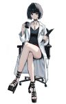  1girl black_footwear black_hair breasts chair cleavage clipboard crossed_legs cup high_heels highres jewelry lab_coat mug office_chair pendant persona persona_5 purple_z red_eyes short_hair sitting skull small_breasts solo studded_choker swivel_chair takemi_tae white_background 