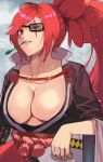  1girl baiken big_hair breasts chewing cleavage eyepatch grey_background guilty_gear guitarist_yui highres large_breasts long_hair parted_bangs ponytail red_eyes red_hair scar scar_across_eye sky solo teeth 