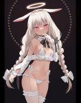  1girl animal_ears bare_shoulders bikini black_background black_bow bow braid breasts commentary_request garter_belt gloves grey_hair groin half_gloves hand_up lace lace_gloves long_hair long_sleeves looking_at_viewer low_twintails medium_breasts navel original parted_lips pillarboxed puffy_long_sleeves puffy_sleeves rabbit_ears solo swimsuit thighhighs twin_braids twintails usagimiko very_long_hair white_bikini white_gloves white_thighhighs 