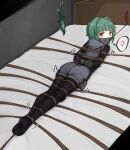  1girl anger_vein ansatsu_kyoushitsu arms_behind_back ass bdsm bondage bondage_mittens bound bound_wrists brown_eyes commentary_request feet gag green_hair grey_shorts highres improvised_gag kayano_kaede knife leash legs legwear_under_shorts mushi_(insect_3) pouch shibari short_hair short_shorts shorts soles solo spoken_anger_vein tape tape_gag toes 