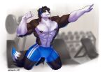  anthro blue_clothing bodily_fluids border_collie canid canine canis clothing collie domestic_dog fenwick_art herding_dog hi_res jock male mammal mason_(trivolmckenley) muscular muscular_male nipple_piercing nipples pastoral_dog piercing pinup pose sheepdog smile smiling_at_viewer solo sweat 
