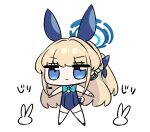  1girl animal_ears blonde_hair blue_archive blue_eyes blue_hair blue_leotard braid chan_co chibi earpiece fake_animal_ears french_braid half_updo halo leotard looking_at_viewer multicolored_hair rabbit_ears simple_background solo streaked_hair thighhighs toki_(blue_archive) toki_(bunny)_(blue_archive) white_background white_thighhighs wrist_cuffs 