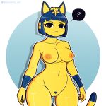  absurd_res animal_crossing ankha_(animal_crossing) anthro black_eyes blue_body blue_fur blue_hair breasts clitoris domestic_cat felid feline felis female fur fur_markings genitals hair hi_res kevwrite mammal markings nintendo nipples orange_nipples pinup pose pubes pussy solo speech_bubble text yellow_body 