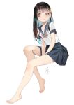  1girl aqua_hair arm_support bare_legs barefoot between_legs black_hair black_skirt blunt_bangs blush bow bowtie colored_inner_hair eyelashes feet full_body grey_eyes hair_ornament hand_between_legs highres invisible_chair legs long_hair looking_at_viewer miniskirt mizo-chan_(yamahara) multicolored_hair open_mouth original pleated_skirt red_bow red_bowtie school_uniform shirt short_sleeves sidelocks signature simple_background sitting skirt solo thighs toenails toes white_background white_shirt yamahara 