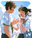  1boy 1girl ahoge artist_name bag black_eyes blush bow bowtie brown_hair chalseu commentary diagonal-striped_necktie green_necktie highres holding holding_marker kimi_no_na_wa. marker miyamizu_mitsuha necktie open_mouth red_bow red_bowtie school_bag school_uniform short_ponytail sidelocks signature smile tachibana_taki translation_request 