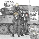  1boy 6+girls aada_heikkala absurdres artist_logo blonde_hair blue_eyes bra breasts brown_eyes brown_hair camouflage camouflage_jacket camouflage_pants cleavage english_text engrish_text freckles frown full_body highres inka_aho jacket jumpsuit leopard_2 limited_palette long_hair military_uniform military_vehicle motor_vehicle multiple_girls neea_takarautio original ostwindprojekt pants pointy_ears ranguage seno_lepo short_hair smile speech_bubble tank underwear uniform yellow_eyes 