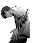  1boy black_hair blue_lock commentary_request from_side greyscale isagi_yoichi male_focus monochrome open_mouth shirt short_hair simple_background solo standing twitter_username upper_body white_background yorha_2b2e 