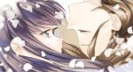  2girls blurry blurry_foreground braid braided_bangs brown_hair closed_eyes closed_mouth crying crying_with_eyes_open depth_of_field face-to-face facing_another falling_petals floating_hair flying_teardrops from_side hair_behind_ear highres long_hair looking_at_another minase_suzu multiple_girls petals portrait profile purple_eyes purple_hair short_hair shoujo_kageki_revue_starlight simple_background tareko tears tsuyuzaki_mahiru upside-down white_background 