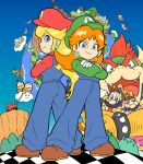  2girls 3boys back-to-back blonde_hair blue_eyes bowser bracelet checkered_floor cloud cosplay costume_switch crossed_arms dolphin earrings facial_hair flying glasses gloves hat horns island jewelry junnosu koopa_troopa lakitu long_hair luigi mario mario_(series) multiple_boys multiple_girls mustache open_mouth orange_hair overalls planet princess_daisy princess_peach red_eyes red_hair short_hair spiked_bracelet spikes spiny sweatdrop white_gloves wiggler 