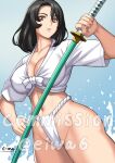  1girl black_hair blue_background breasts brown_eyes cleavage commission covered_nipples eiwa fundoshi holding holding_sword holding_weapon japanese_clothes katana large_breasts left-handed medium_hair navel original pink_lips skeb_commission sword toned watermark weapon yamakasa 