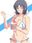  1girl absurdres bare_arms bikini blue_eyes blush breasts cleavage collarbone commentary_request cowboy_shot food grey_hair hair_ribbon highres holding holding_food holding_spoon large_breasts looking_at_viewer medium_hair navel pinepine1212 ribbon senran_kagura shaved_ice simple_background smile spoon standing stomach swimsuit white_background white_bikini yumi_(senran_kagura) 