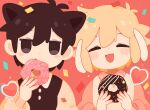  2boys absurdres animal_ears basil_(faraway)_(omori) basil_(omori) black_eyes black_hair blonde_hair blush cat_ears closed_eyes closed_mouth doughnut eating food highres hishimatope holding holding_food kemonomimi_mode long_sleeves looking_at_viewer multiple_boys omori open_mouth rabbit_ears short_hair smile sunny_(omori) 