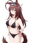  1girl ahoge animal_ears bikini black_bikini blue_eyes breasts brown_hair hairband hands_on_own_hips highres horse_ears horse_girl horse_tail large_breasts long_hair mihono_bourbon_(umamusume) miya_star_saa simple_background solo swimsuit tail umamusume white_background white_hairband 