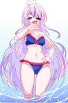  1girl absurdres ahoge bikini blue_bikini doll_joints frilled_bikini frills hand_on_own_hip heart heart_ahoge highres itsrice joints long_hair maria_marionette multicolored_hair nijisanji nijisanji_en ojou-sama_pose pink_hair pink_nails purple_hair solo streaked_hair swimsuit very_long_hair virtual_youtuber water 