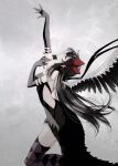  1girl akemi_homura akuma_homura argyle argyle_legwear black_gloves black_hair black_wings bow closed_eyes feathered_wings gloves grey_background hair_bow hairband highres light_particles long_hair mahou_shoujo_madoka_magica mahou_shoujo_madoka_magica:_hangyaku_no_monogatari misteor red_hairband solo wings 