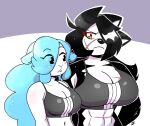  2023 abs anaugi anthro back_hair big_breasts black_body black_fur blue_hair blush blush_stickers body_hair bovid breast_size_difference breasts canid canine canis caprine cleavage clothed clothing domestic_dog duo eyeliner female frown fur hachimitsu hair hair_over_eye hi_res huge_breasts long_hair looking_at_another looking_at_breasts looking_at_partner makeup mammal meme meme_clothing midriff multicolored_body multicolored_fur muscular muscular_female navel one_eye_obstructed open_mouth scar sheep shep_(anaugi) signature simple_background sports_bra_difference_meme two_tone_body two_tone_fur white_body white_fur wool_(fur) yellow_eyes 