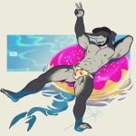  abs anthro beard bgn biceps clothing dorsal_fin facial_hair fin fingers fish floating gesture gills goblin_shark hat headgear headwear hi_res lamniform looking_at_viewer male marine mitsukurinid muscular muscular_anthro muscular_male nipples pecs shark sharp_teeth simple_background smile solo swimwear teeth text v_sign water 