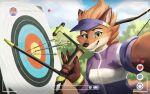 &lt;3 2022 anthro archer archery bow_(weapon) camera canid canine cloud controls dungeons_of_aether english_text female fleet_(dungeons_of_aether) fox fur gear hi_res icon looking_at_viewer mammal munrudoodles outside ranged_weapon rivals_of_aether selfie sky solo sport text weapon 