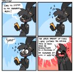  4_panel_comic absurd_res anthro band-aid band-aid_on_face band-aid_on_nose bandage black_body black_fur blue_background cellphone cheek_tuft chest_tuft dialogue earbuds english_text eyes_closed facial_tuft fur grey_body grey_fur headphones hi_res humor lagomorph leporid mammal musical_note nick_(the_xing1) open_mouth open_smile phone rabbit red_background screaming simple_background smartphone smile solo speech_bubble text tuft wide_eyed xing1 