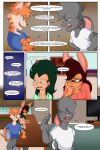  ambiguous_gender anthro argument bickering chance_the_rabbit comic divine_acid domestic_cat ear_piercing ears_tied_back eyewear felid feline felis female glasses green_hair hair hi_res human inner_ear_fluff lagomorph leporid lordmarukio male mammal piercing rabbit series text tuft 