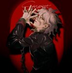  1boy black_jacket chain collar danganronpa_(series) danganronpa_another_episode:_ultra_despair_girls from_side grey_hair hair_between_eyes hands_up highres jacket kado_51 komaeda_nagito long_sleeves male_focus medium_hair metal_collar nail_polish own_hands_together red_background red_nails servant_(danganronpa) solo teeth upper_body upper_teeth_only 