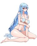  1girl absurdres ayanami_rei bare_shoulders barefoot between_legs bikini blue_hair blush breasts commentary_request commission dogs_(dlrkdejr26) feet full_body hair_ornament hand_between_legs highres korean_commentary large_breasts light_blue_hair long_hair looking_at_viewer navel neon_genesis_evangelion parted_lips polka_dot polka_dot_bikini red_eyes sitting solo swimsuit thighs transparent_background very_long_hair wariza 