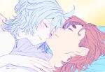  2girls absurdres blue_hair closed_mouth commentary_request couple dated gundam gundam_suisei_no_majo highres lying miorine_rembran multiple_girls on_back on_bed red_hair short_hair sleeping smile suletta_mercury thick_eyebrows twitter_username upper_body yellow_background yuri yuri_kyanon 