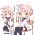  &gt;_&lt; 2girls ahoge black_sailor_collar black_skirt black_thighhighs blue_archive blush buttons cardigan chair drinking drinking_straw drinking_straw_in_mouth dual_persona halo hana_kazari highres long_hair long_sleeves md5_mismatch multiple_girls natsu_(blue_archive) neckerchief parted_lips pink_hair pink_halo pleated_skirt red_neckerchief sailor_collar school_chair shoes side_ponytail simple_background sitting skirt thighhighs translation_request white_background white_cardigan white_footwear 