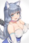 1girl :d animal_ear_fluff animal_ears aqua_eyes bare_shoulders blunt_bangs braid breasts cleavage collarbone detached_sleeves dress fang from_side grey_hair highres imori_(lizzy) kemonomichi large_breasts long_hair looking_up off-shoulder_dress off_shoulder open_mouth shigure_(kemonomichi) simple_background sleeveless sleeveless_dress smile solo tail upper_body white_background white_sleeves wolf_ears wolf_girl wolf_tail 