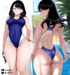  ... 1girl arm_behind_back ass back_cutout black_hair blue_one-piece_swimsuit blurry blurry_background breasts closed_mouth clothing_cutout commentary competition_swimsuit covered_navel cowboy_shot day english_commentary floating_hair from_behind gridman_universe groin highleg highleg_swimsuit highres legs_together long_hair looking_at_viewer looking_back medium_breasts multiple_views one-piece_swimsuit orange_scrunchie outdoors paid_reward_available parted_lips patreon_logo patreon_username pool pool_ladder profile scrunchie solo ssss.gridman swimsuit takarada_rikka thighs tree twitter_logo twitter_username two-tone_swimsuit unworn_eyewear water wet white_one-piece_swimsuit wrist_scrunchie zasshu 
