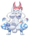  2023 anthro areola balls big_balls big_penis breasts crouching eeveelution generation_6_pokemon genitals gynomorph hi_res huge_balls huge_penis intersex navel nintendo nipples nude pata penis pokemon pokemon_(species) simple_background smile solo sylveon 