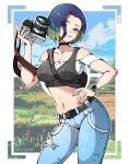  1girl absurdres belt belt_buckle black_belt blue_hair blue_pants border breasts brown_eyes buckle camera cleavage cloud collarbone commentary contrapposto day denim eyelashes gooroomee grey_vest grin hand_on_own_hip highres holding holding_camera jeans midriff navel off-shoulder_shirt off_shoulder outdoors pants perrin_(pokemon) pokemon pokemon_(game) pokemon_sv shirt short_hair sky smile solo teeth torn_clothes torn_pants vest watch white_border white_shirt wristwatch 